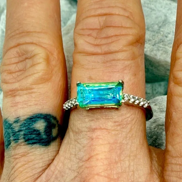 Peacock Quartz Emerald Cut Ring 1.4CTW Platinum Over 925 Sz 10 - Picture 10 of 17